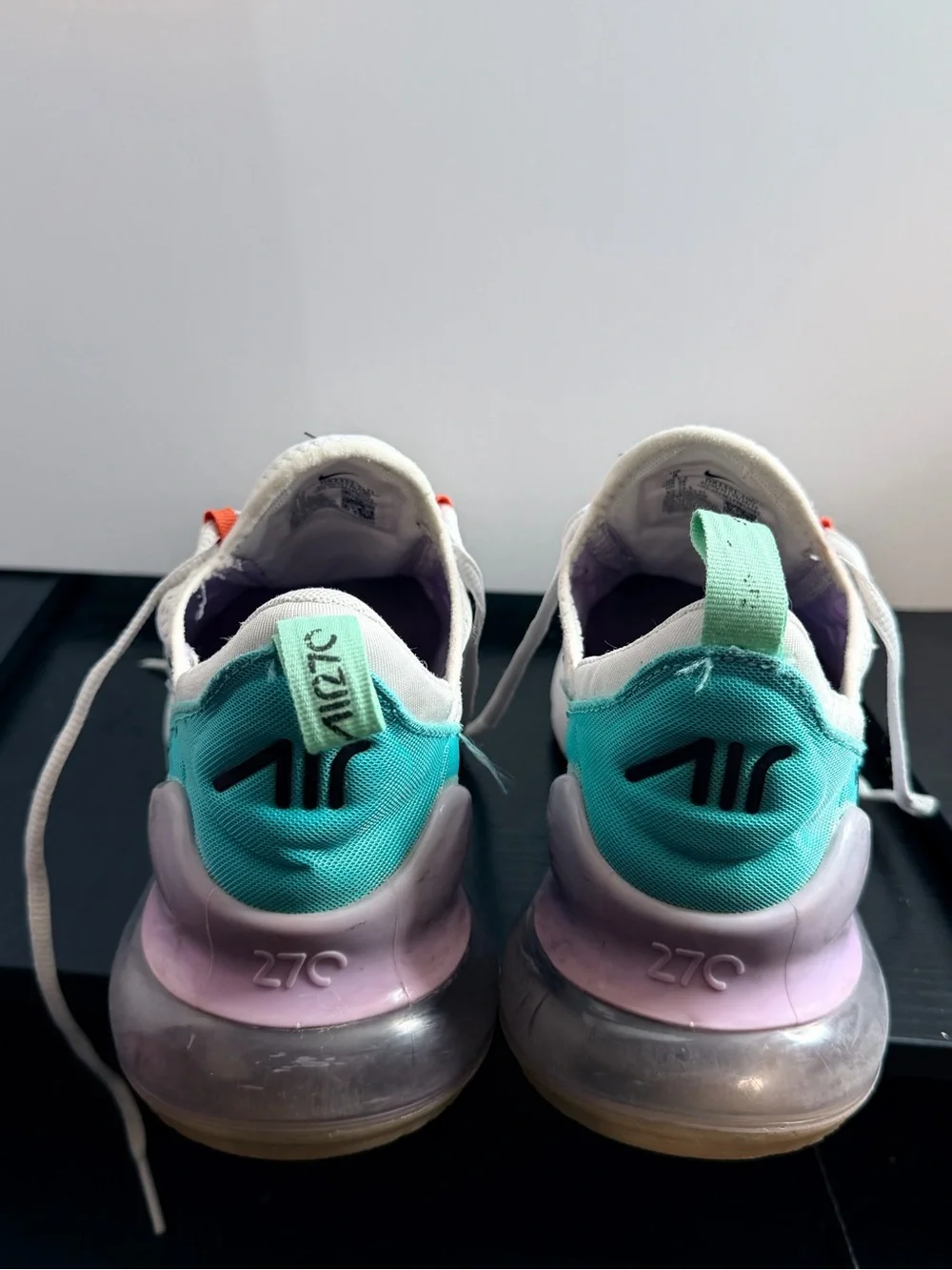 Nike White Air270 Athletic Sneakers with Orange Lace Loops and Mint Heel Tabs